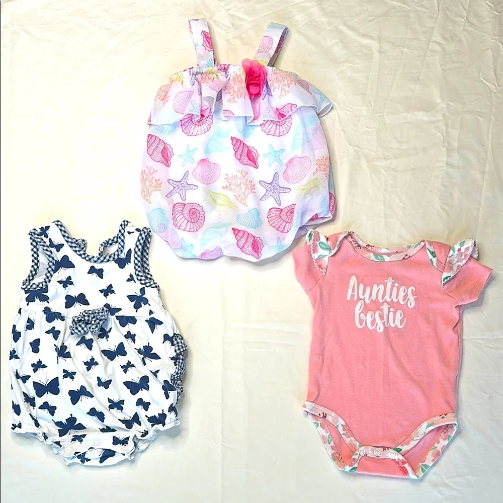 Baby Essentials Set of Three Baby Onesies size 9 months  - Pink, White, and Blue